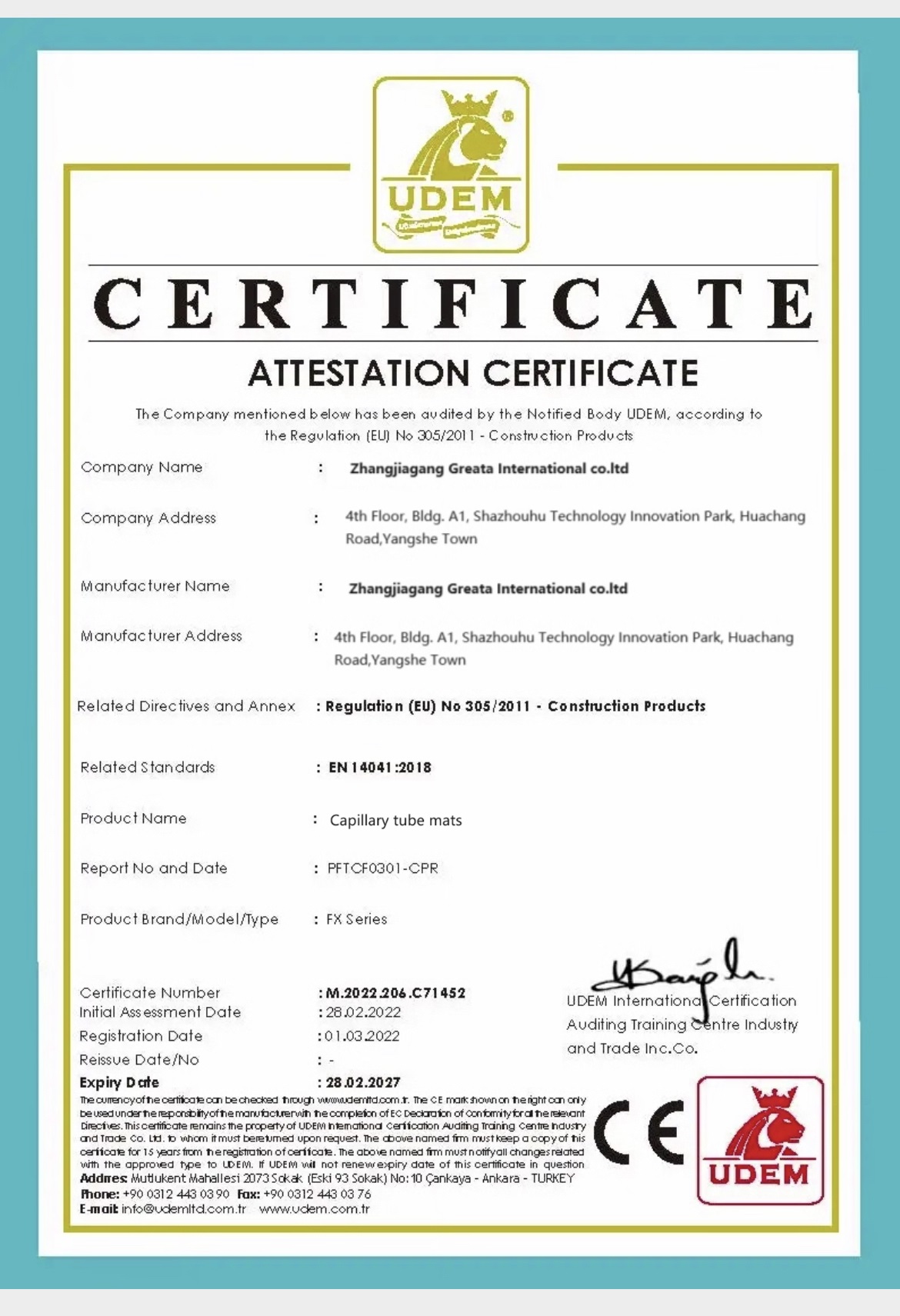 CE certificate for capillary tube mats - Capillary tube mat